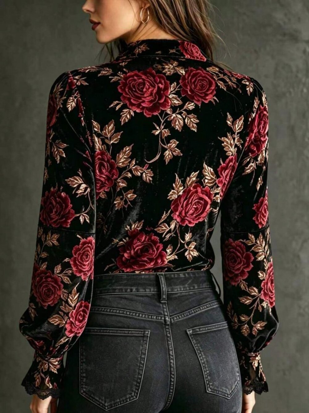 Black Casual Women's Velvet Floral Long Sleeve Shirt - Picture 2 of 6